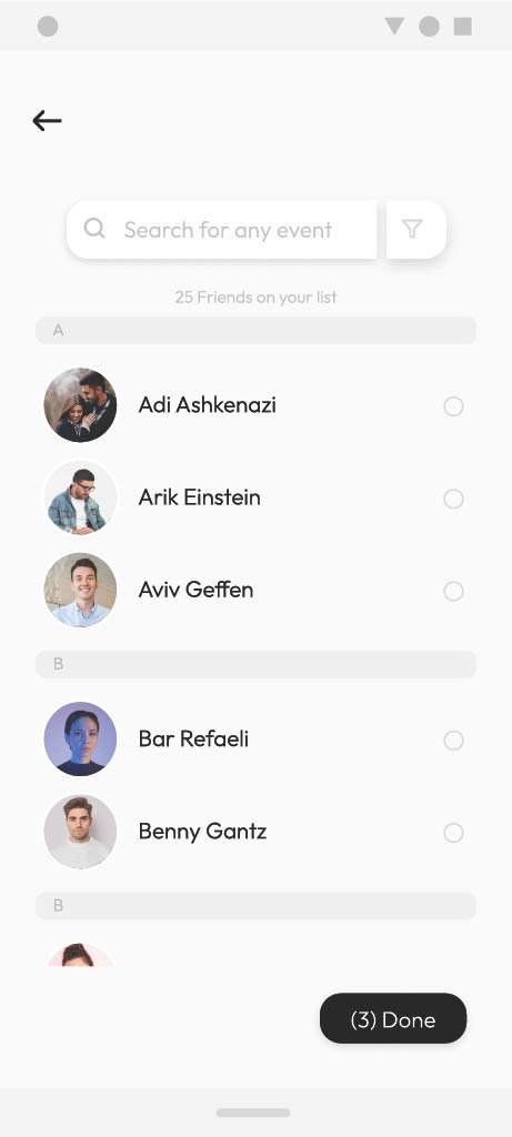 The guest picker: a search field above 25 friends grouped alphabetically, each row an avatar, a name, and a selection circle, with a dark “(3) Done” button confirming three guests selected.