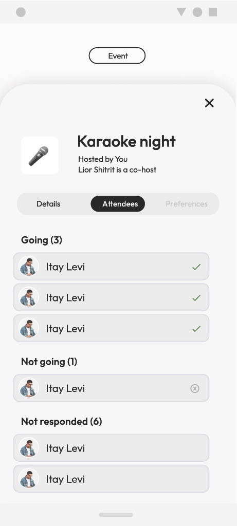 The attendees tab of an event, listing guests under Going (3), Not going (1), and Not responded (6), each row with the guest’s avatar and status icon.