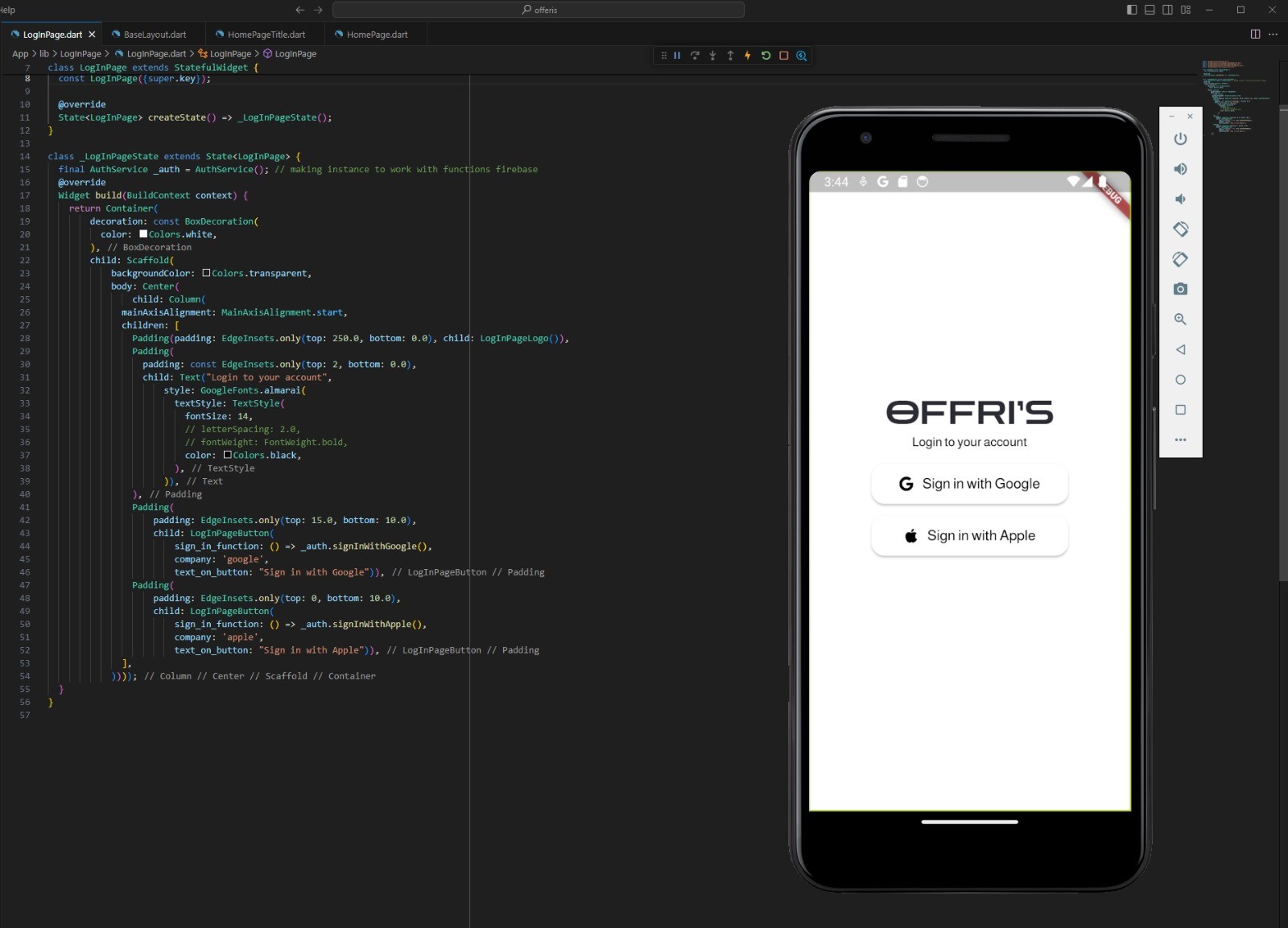 A code editor with the login screen’s Flutter source open - a LogInPage widget wiring the Google and Apple sign-in buttons to an auth service - and a phone emulator beside it running that same screen.