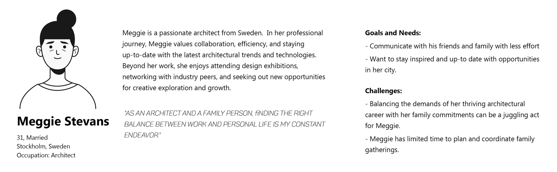 Persona card for Meggie Stevans, 31, married, an architect in Stockholm. She values collaboration and efficiency, attends design exhibitions and networks with peers. Goals: communicate with friends and family with less effort, and stay inspired and up to date with opportunities in her city. Challenges: balancing a demanding career with family commitments, and having very little time to plan and coordinate family gatherings. Quoted: “As an architect and a family person, finding the right balance between work and personal life is my constant endeavor.”