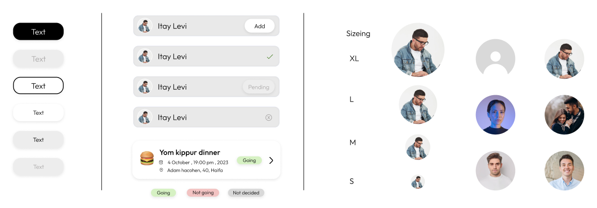 The Offri UI kit: button states, guest-row states from add through pending to removed, an event card, the going / not going / not decided status chips, and an avatar size scale.