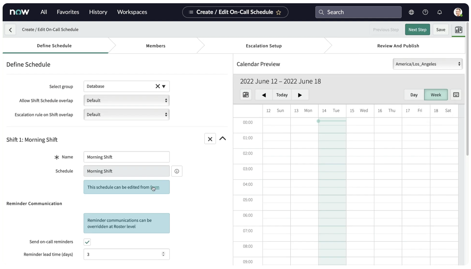 The legacy Create / Edit On-Call Schedule wizard: a four-step Now UI flow (Define Schedule, Members, Escalation Setup, Review And Publish) with form fields on the left and a plain calendar preview on the right.