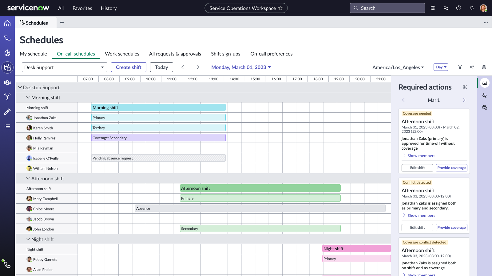 The day view as a per-person timeline grouped by morning, afternoon and night shift, with each responder on their own row and absences and pending absence requests drawn inline against the hours