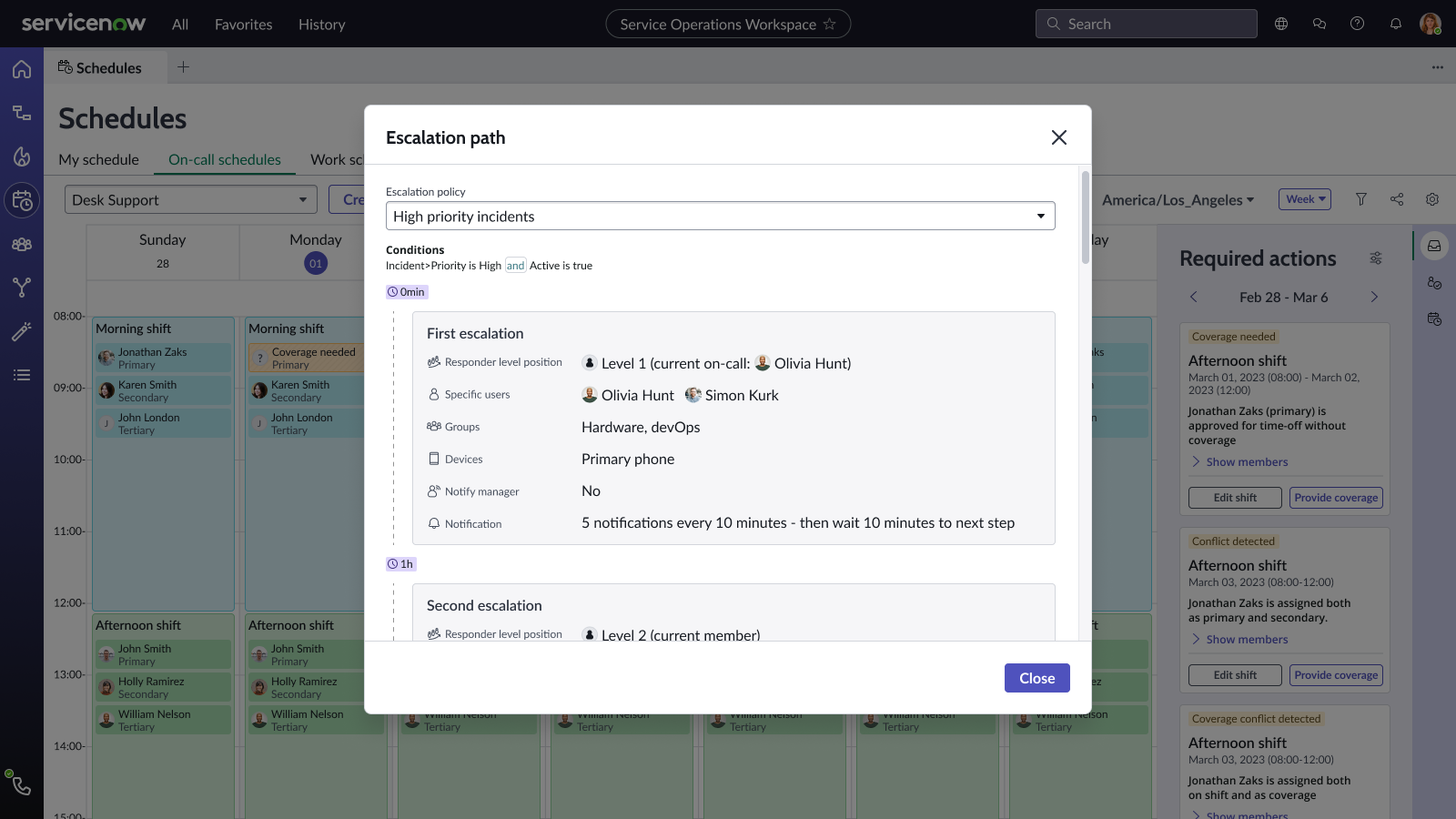 An Escalation path dialog showing a high-priority incident policy with its conditions, then a first escalation at zero minutes listing responder level, specific users, groups, devices, whether to notify the manager and a notification cadence, followed by a second escalation an hour later