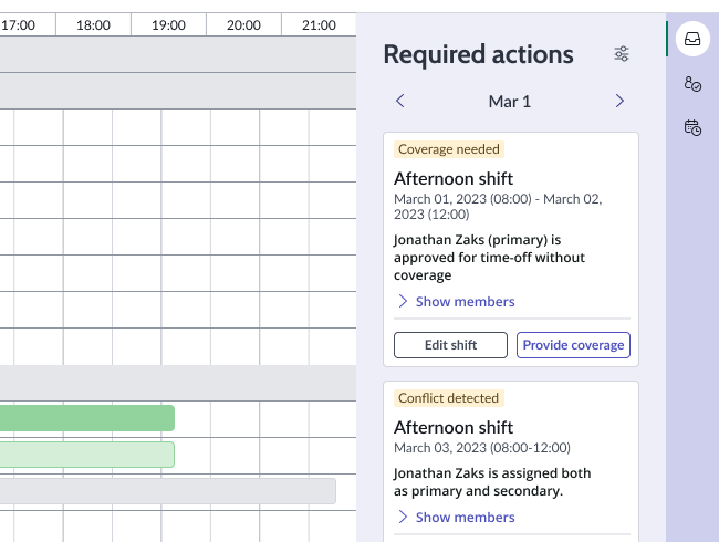 The Required actions panel beside the schedule grid, showing a “Coverage needed” card explaining that a responder is approved for time off without coverage, with Edit shift and Provide coverage buttons, above a “Conflict detected” card