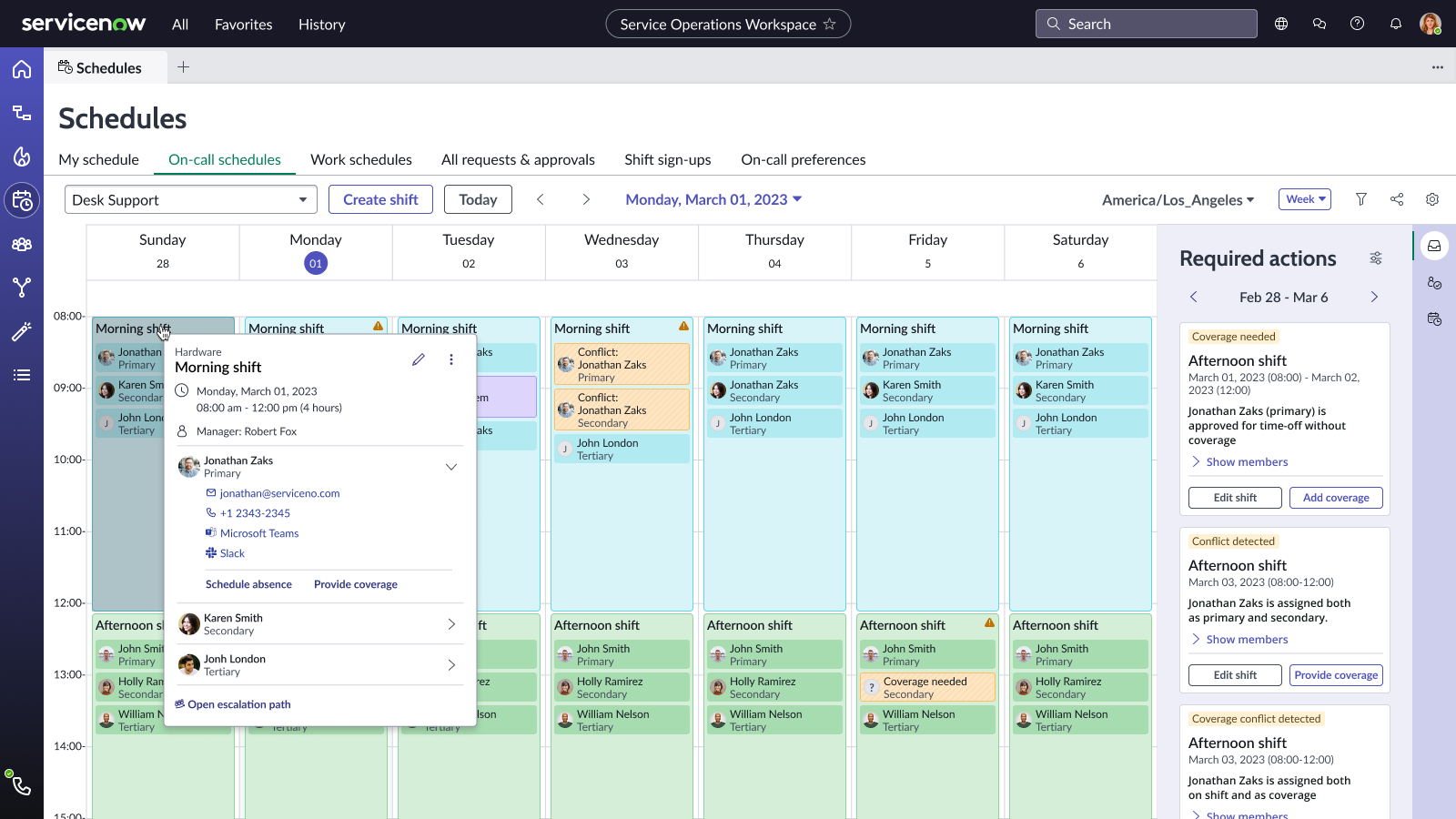A shift detail popover open over the schedule grid, showing the shift name, date and manager, the primary responder with email, phone, Microsoft Teams and Slack links, Schedule absence and Provide coverage actions, the secondary and tertiary responders, and a link to open the escalation path