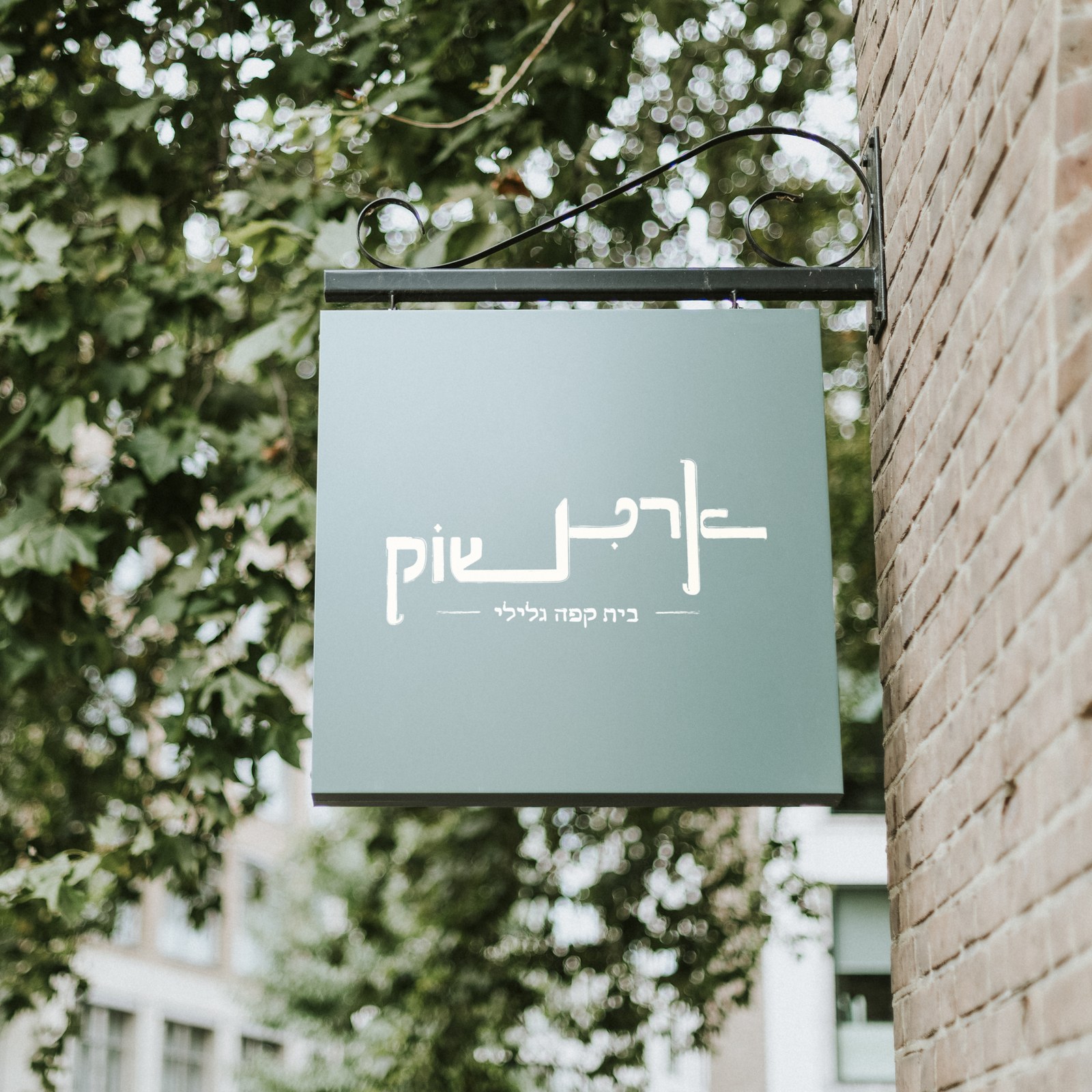 A hanging shop sign in sage green, reading 'Artichoke, a Galilee coffee house' in a cursive Hebrew wordmark, mounted on a brick wall under tree cover
