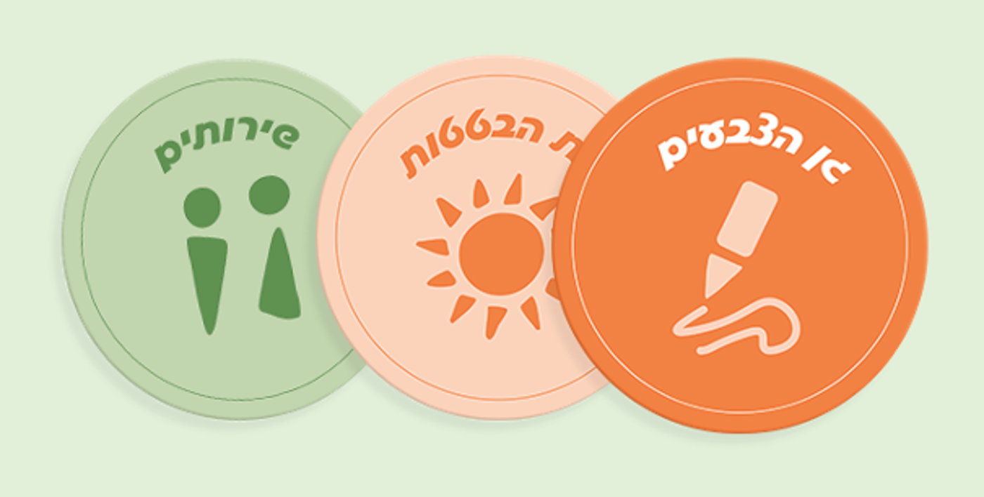 Three overlapping circular badge stickers in green, peach, and orange, reading 'companions,' 'promises,' and 'colors,' each with a matching icon