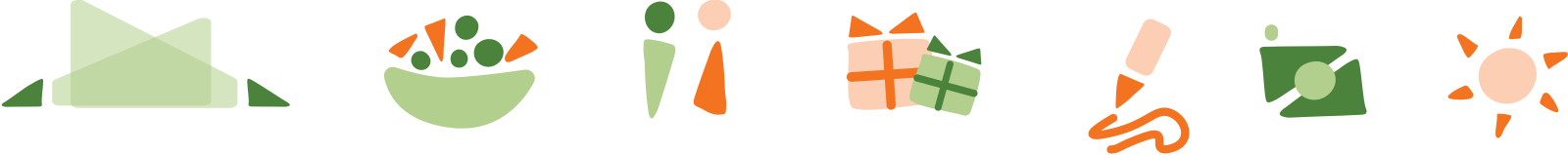 A row of simple flat icons in the brand's palette: a picnic tent, a salad bowl, two figures, gift boxes, a paintbrush, a camera, and a sun