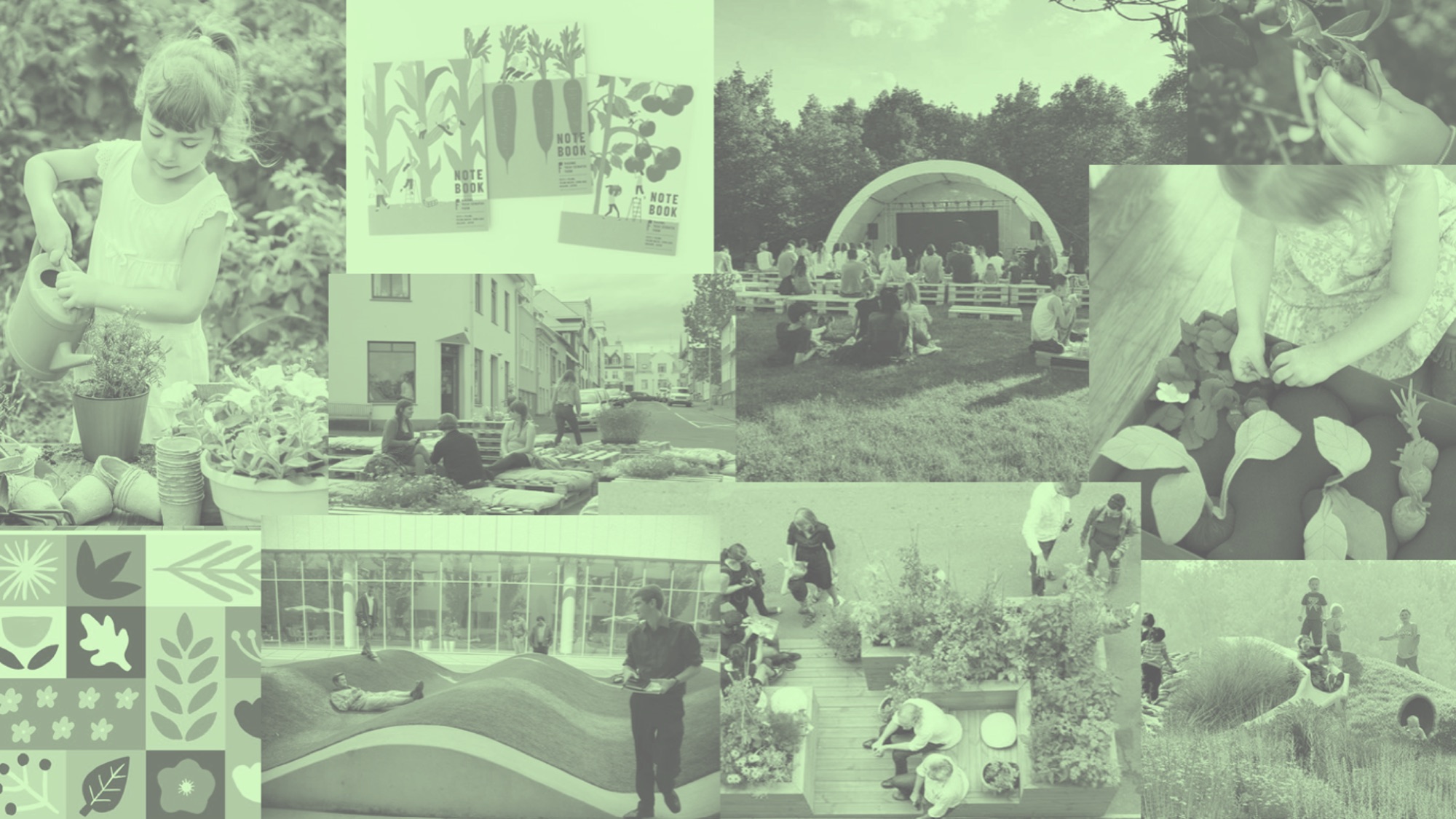A green-toned inspiration moodboard: children gardening and picking vegetables, a festival tent in a field, an illustrated notebook cover, and a set of simple leaf and flower icons