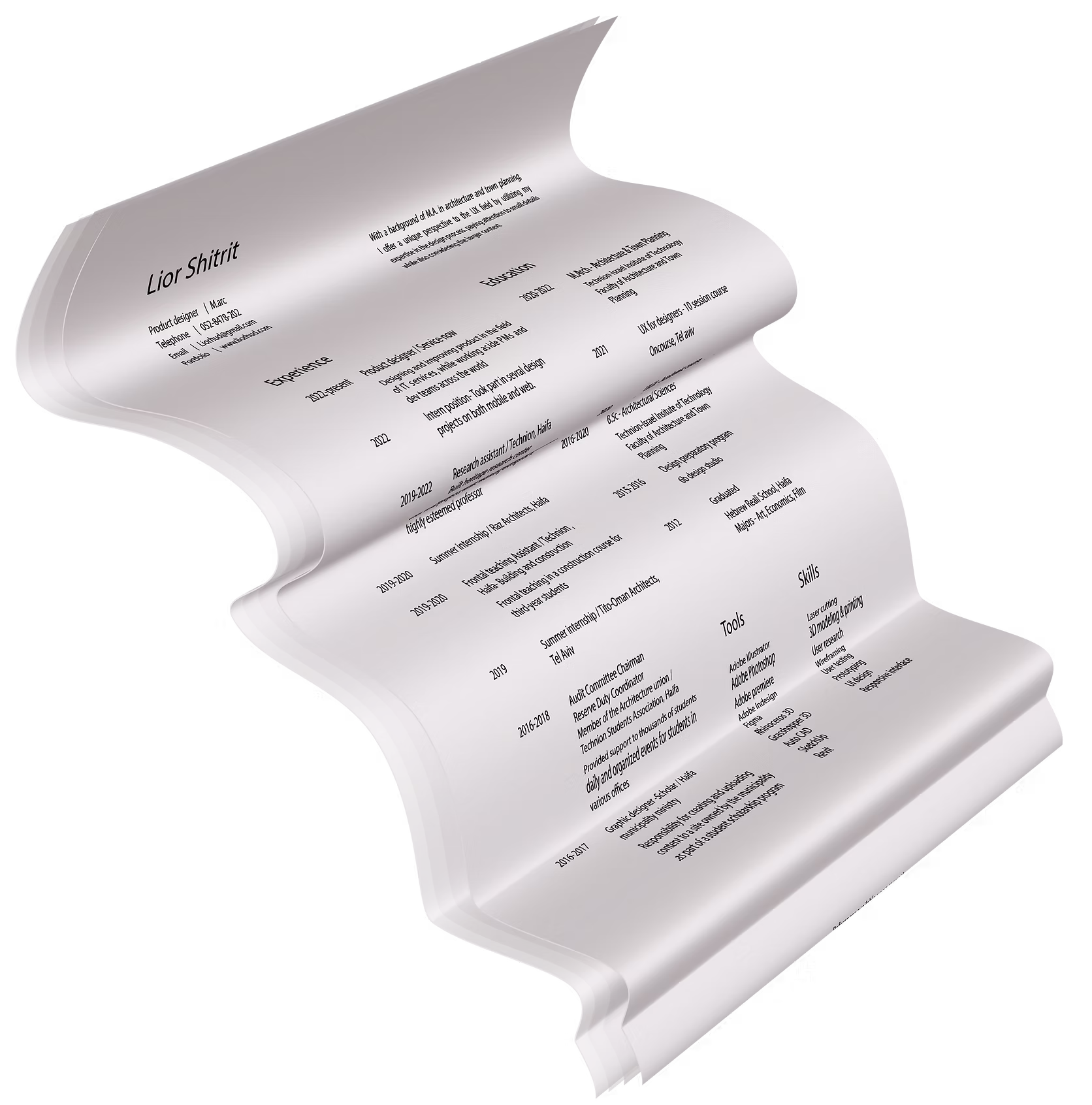 Lior Shitrit’s résumé, shown as a curled sheet of paper
