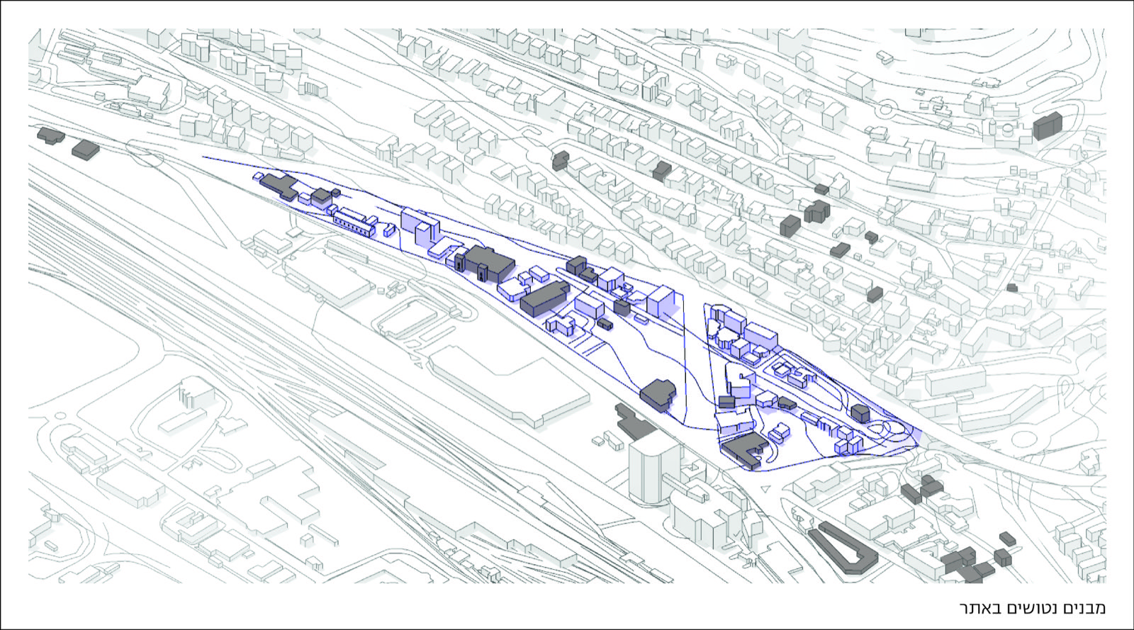 Isometric site drawing with the unusually high concentration of abandoned buildings highlighted in grey