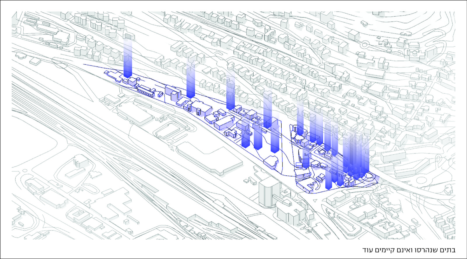 Isometric site drawing with ghost volumes rising from a 1947 aerial photograph, marking roughly 25 structures that no longer exist today