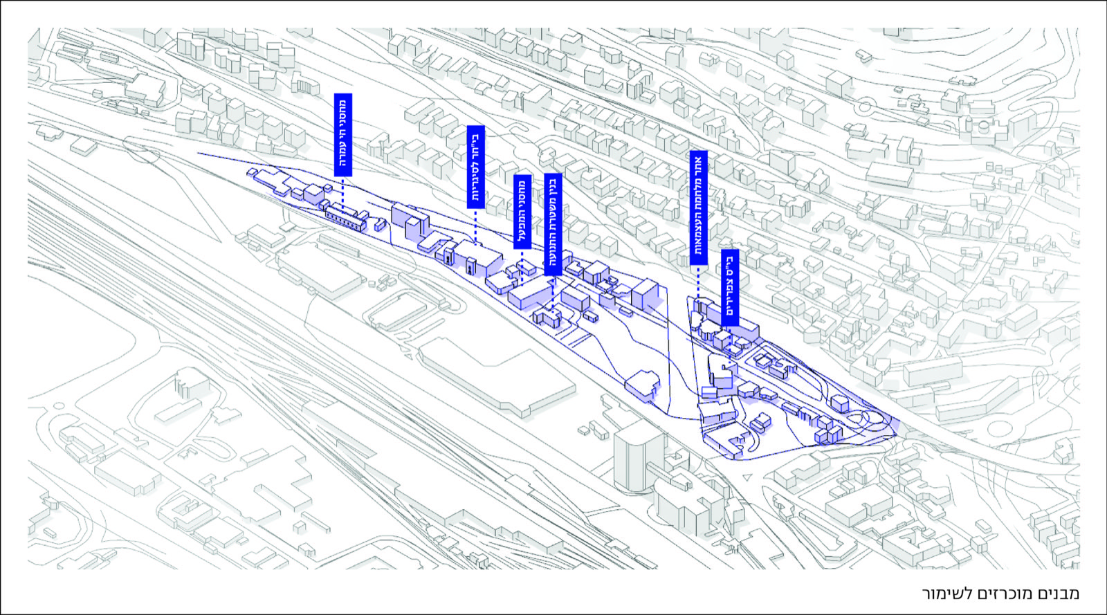 Isometric site drawing with six municipally heritage-listed structures highlighted and labeled by architect