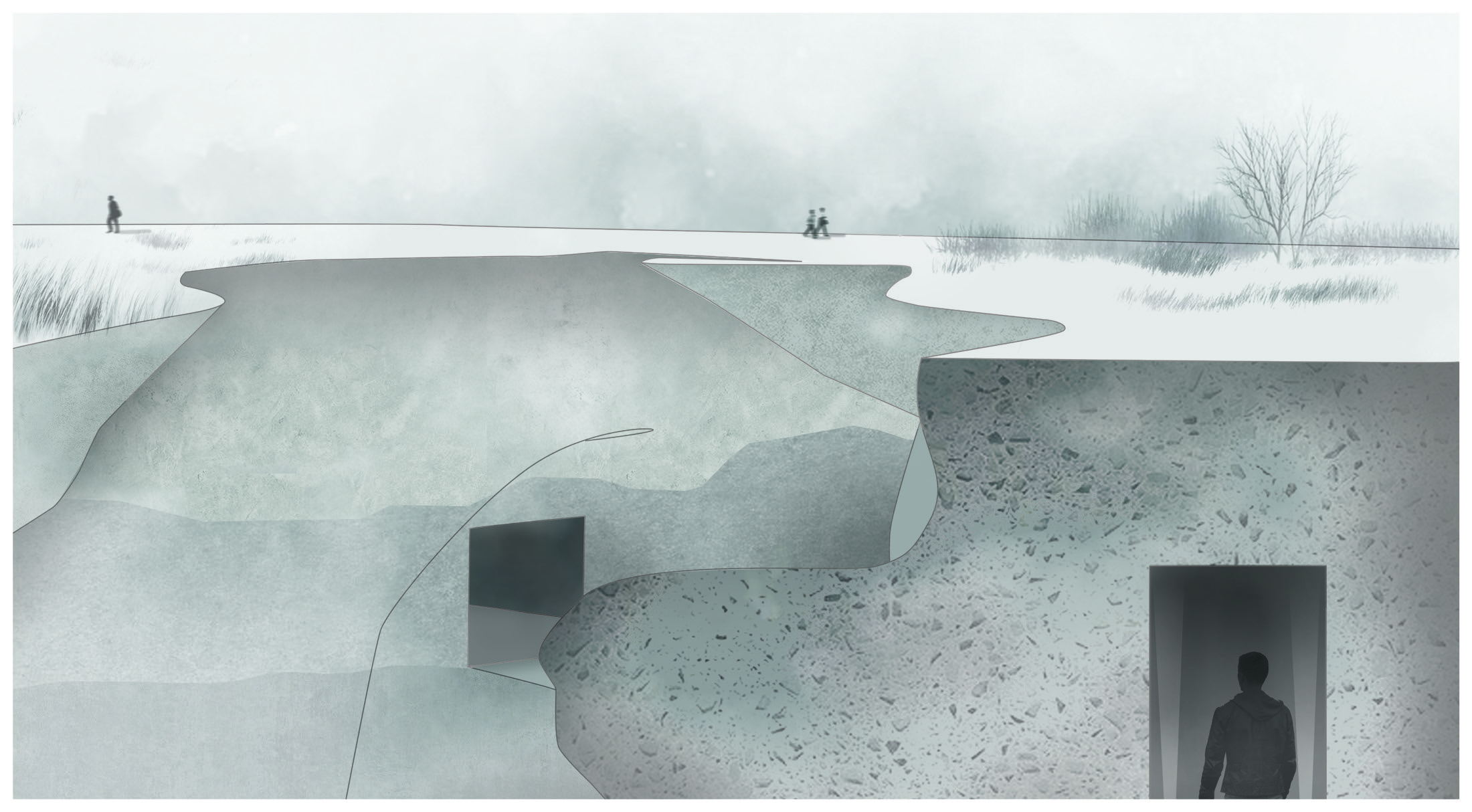 Illustration of a figure descending into an opening in the burial structure, with the crushed-aggregate concrete texture visible at the cut