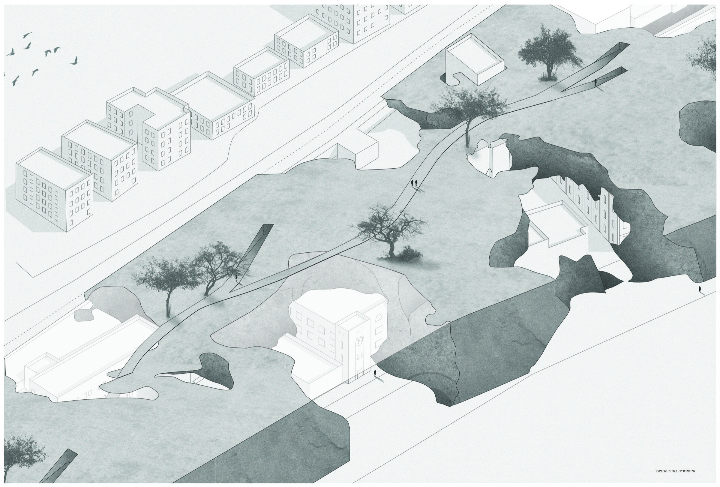 Watercolor-style isometric illustration of the buried landscape: geological mounds fold over the site, breaking open where a building or path surfaces