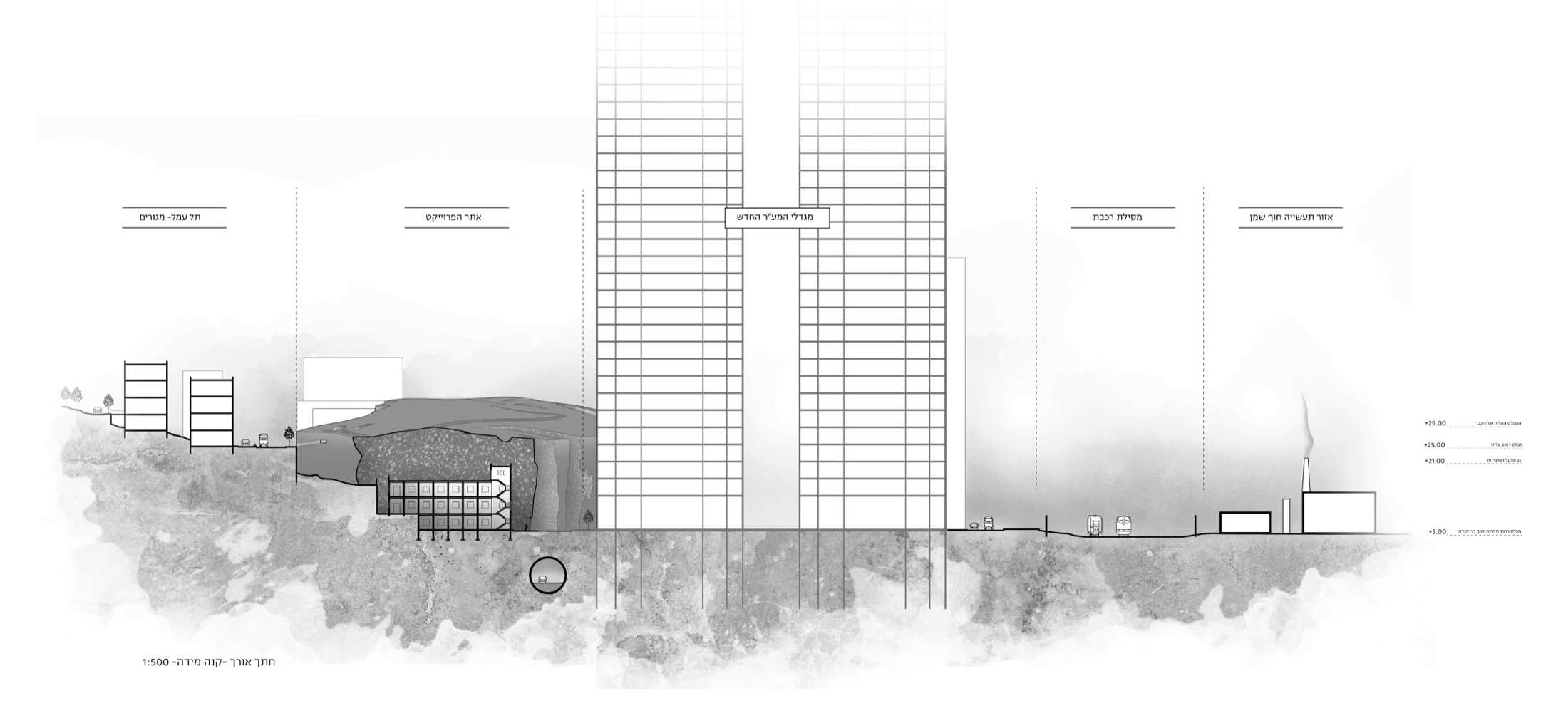 Longitudinal section drawing at 1:500 scale, showing the burial mound against the towers proposed for the site directly opposite