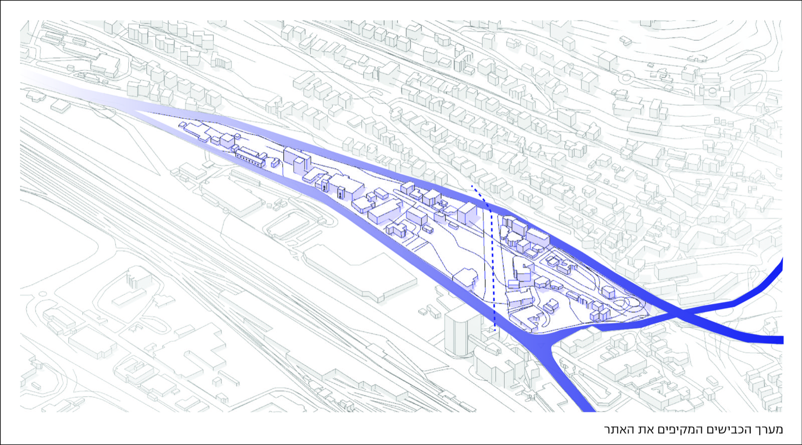 Isometric drawing showing three major roads wrapping and enclosing the site