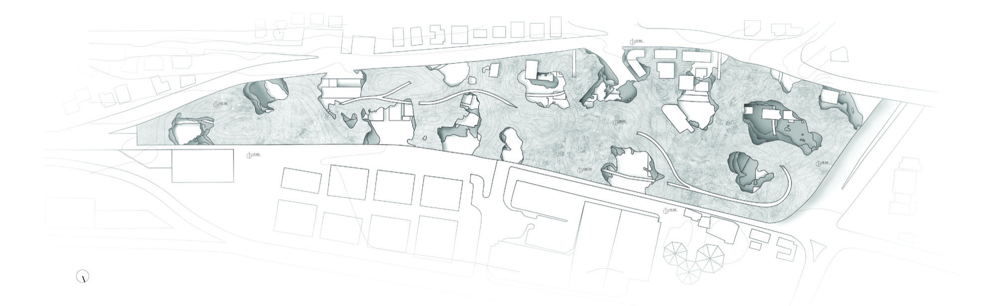 General site plan drawing at 1:1,000 scale showing the geological mounds carved across the intervention site