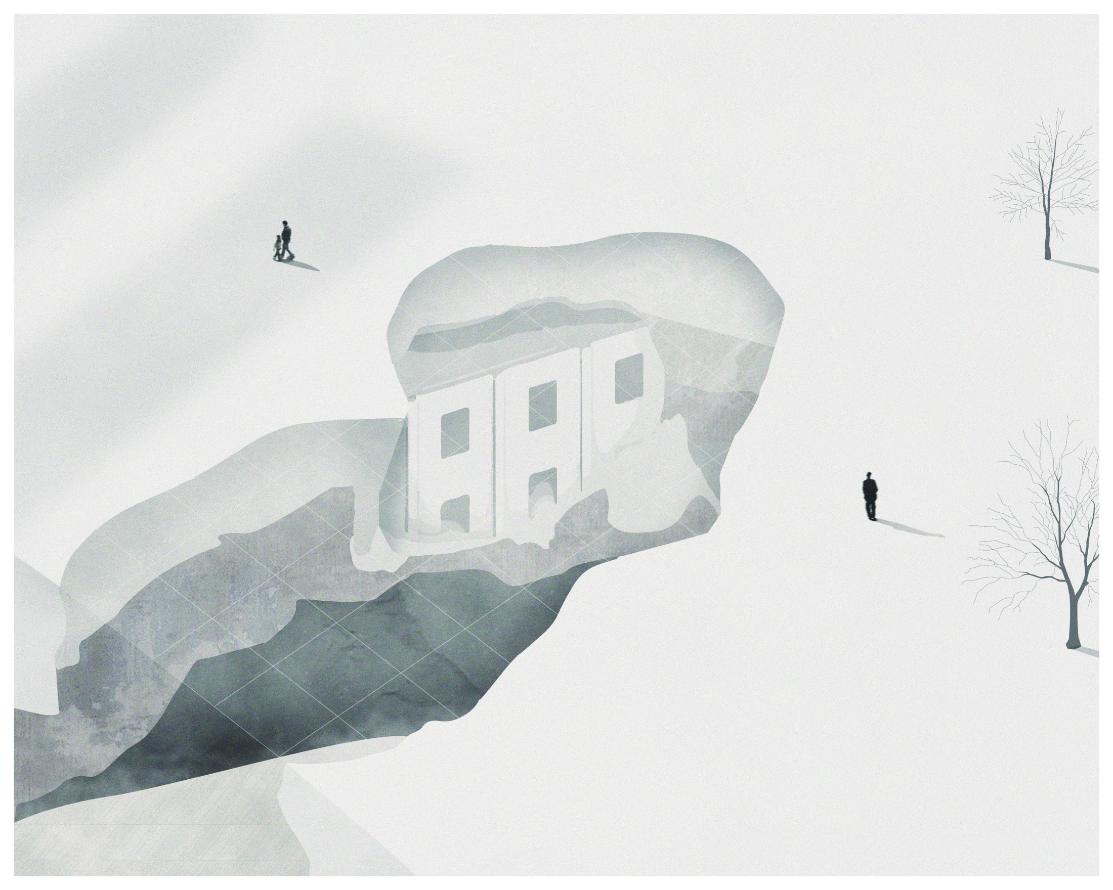 Minimalist illustration of a building's top floor and roof surfacing through a geological burial mound, with two figures walking nearby