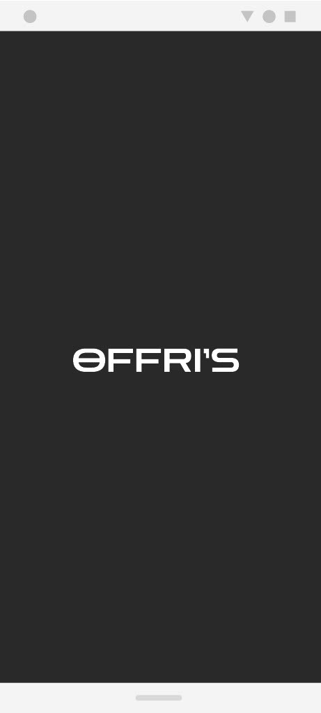 The splash screen: the Offri’s wordmark reversed out of near-black.