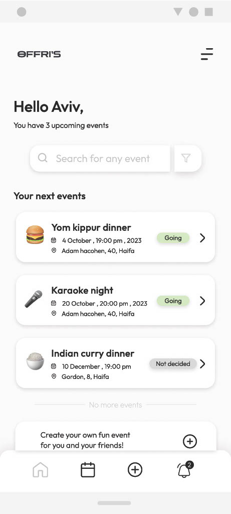 The home screen: a greeting, a count of upcoming events, a search field, and event cards each carrying an RSVP chip.