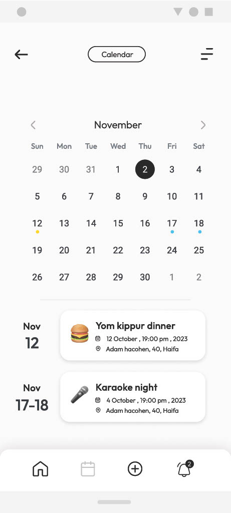 The calendar view: a month grid with event days marked, and the next events listed beneath it.