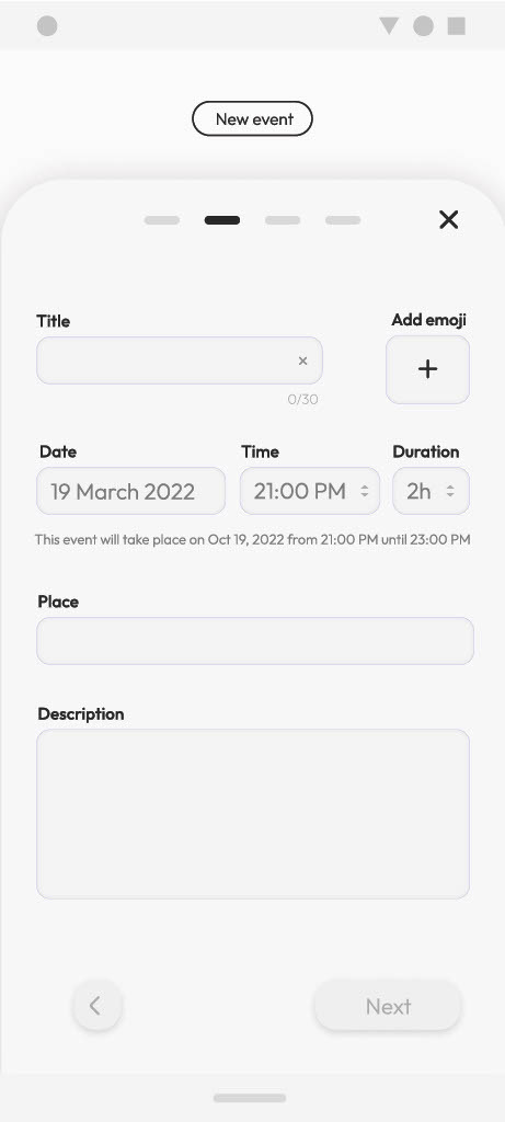 The event details step: title with an emoji picker, date, time, duration, place, and description.