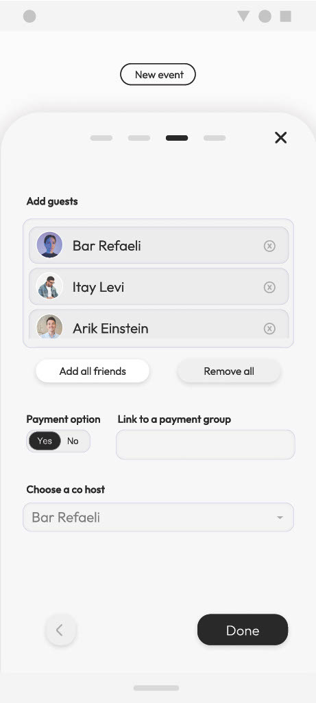 Three guests selected, with bulk add and remove actions, a payment option toggle, and a co-host chosen.