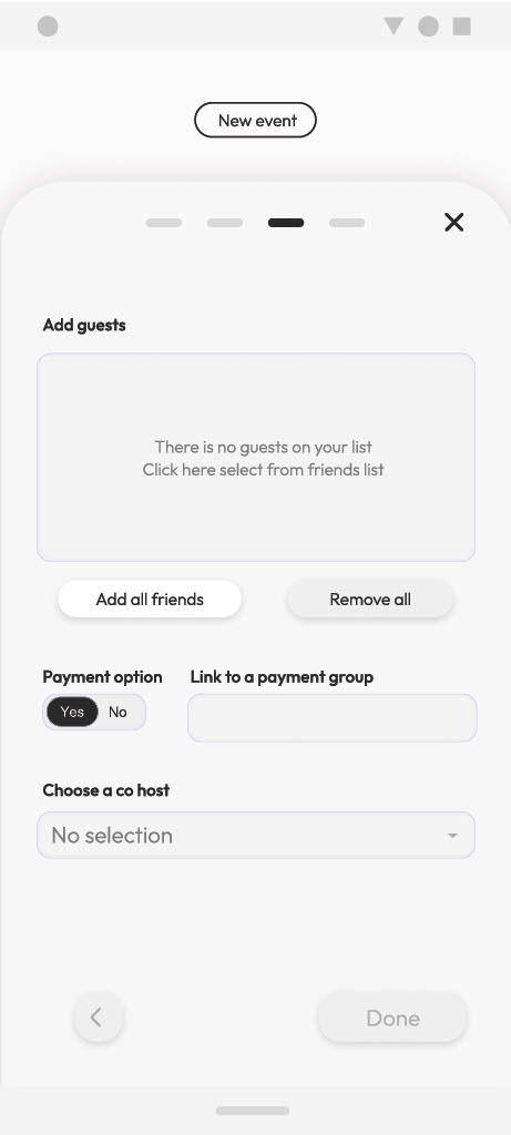 The same step with an empty guest list, prompting the user to select from their friends list.