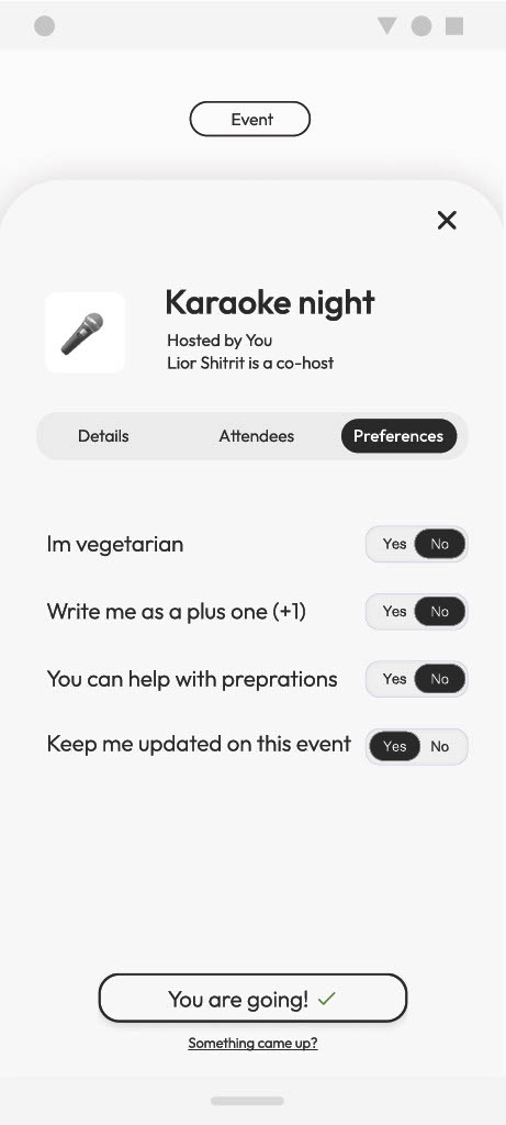 The preferences tab, where a guest sets dietary needs, a plus-one, whether they can help prepare, and update settings.