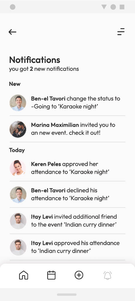The notifications feed: RSVP changes, invitations, and approvals, split into new and earlier today.