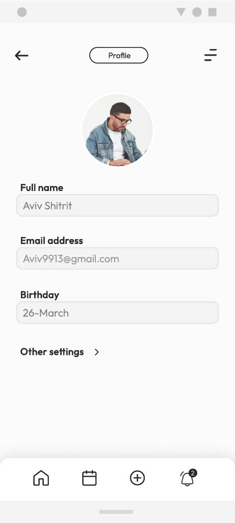 The profile screen: avatar, full name, email address, and birthday.