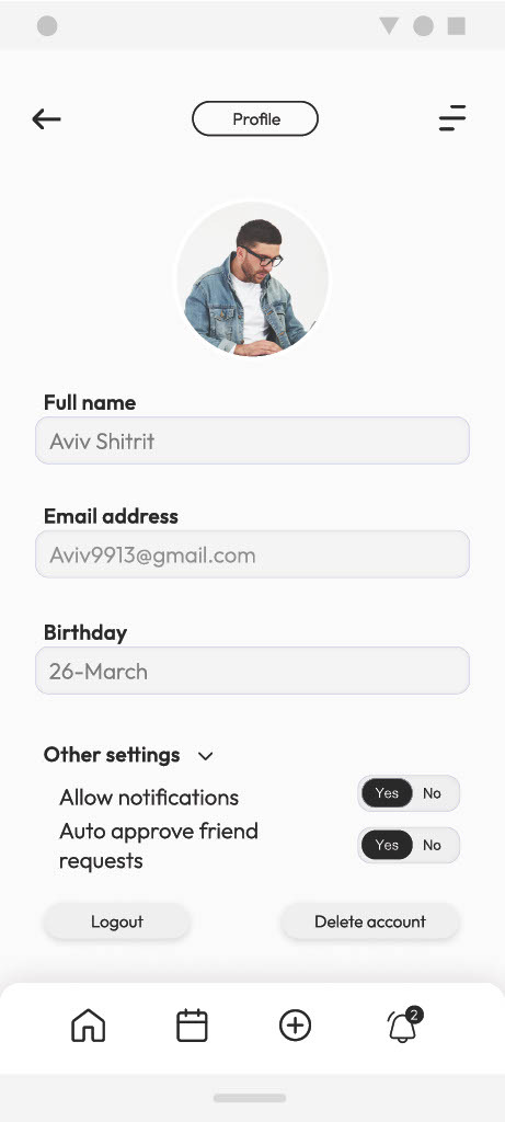 Profile settings, including notification and friend-request approval toggles, logout, and account deletion.