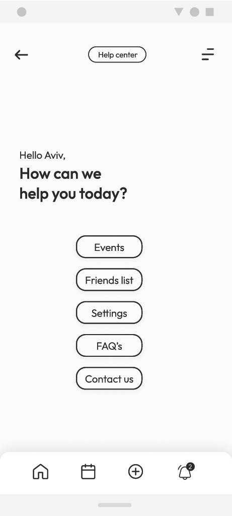 The help centre menu, linking to events, the friends list, settings, FAQs, and contact.