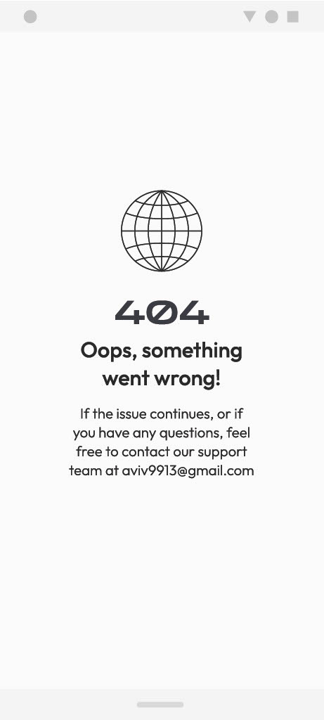 The 404 screen, apologising and offering a support address.